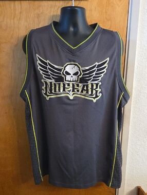 VTG No Fear Sleeveless Winged Skull Motocross Tank Top Gray XXL Neon Green Moto